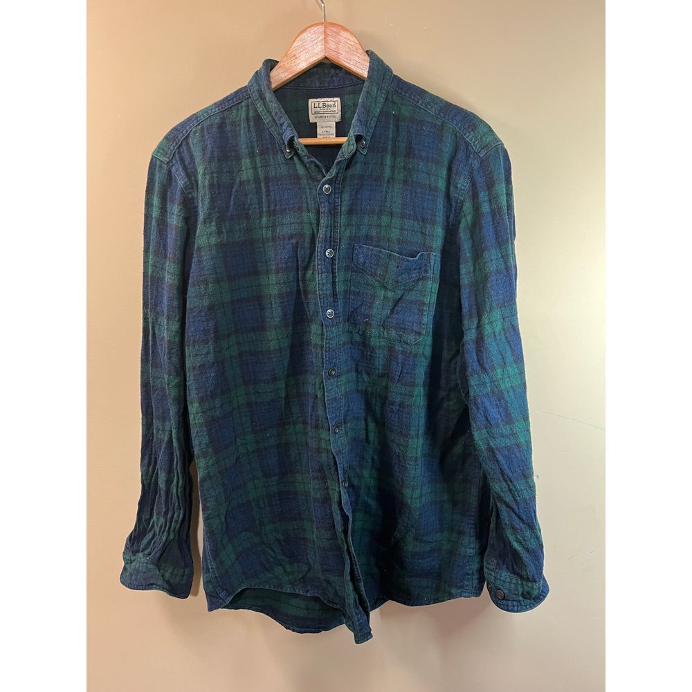 L.L.Bean Plaid Flannel Shirt Green Blue‎ Tartan Button-Down Casual Comfort